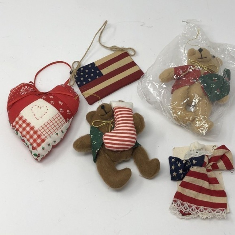 Vintage Fabric Stuffed Christmas Tree Ornaments Set 5 Bears Heart‎ Flag Angel
